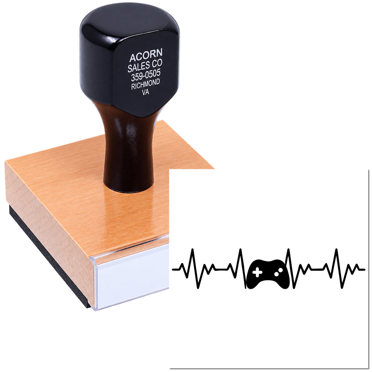 Custom logo rubber stamp with company name and contact details on a square wood block