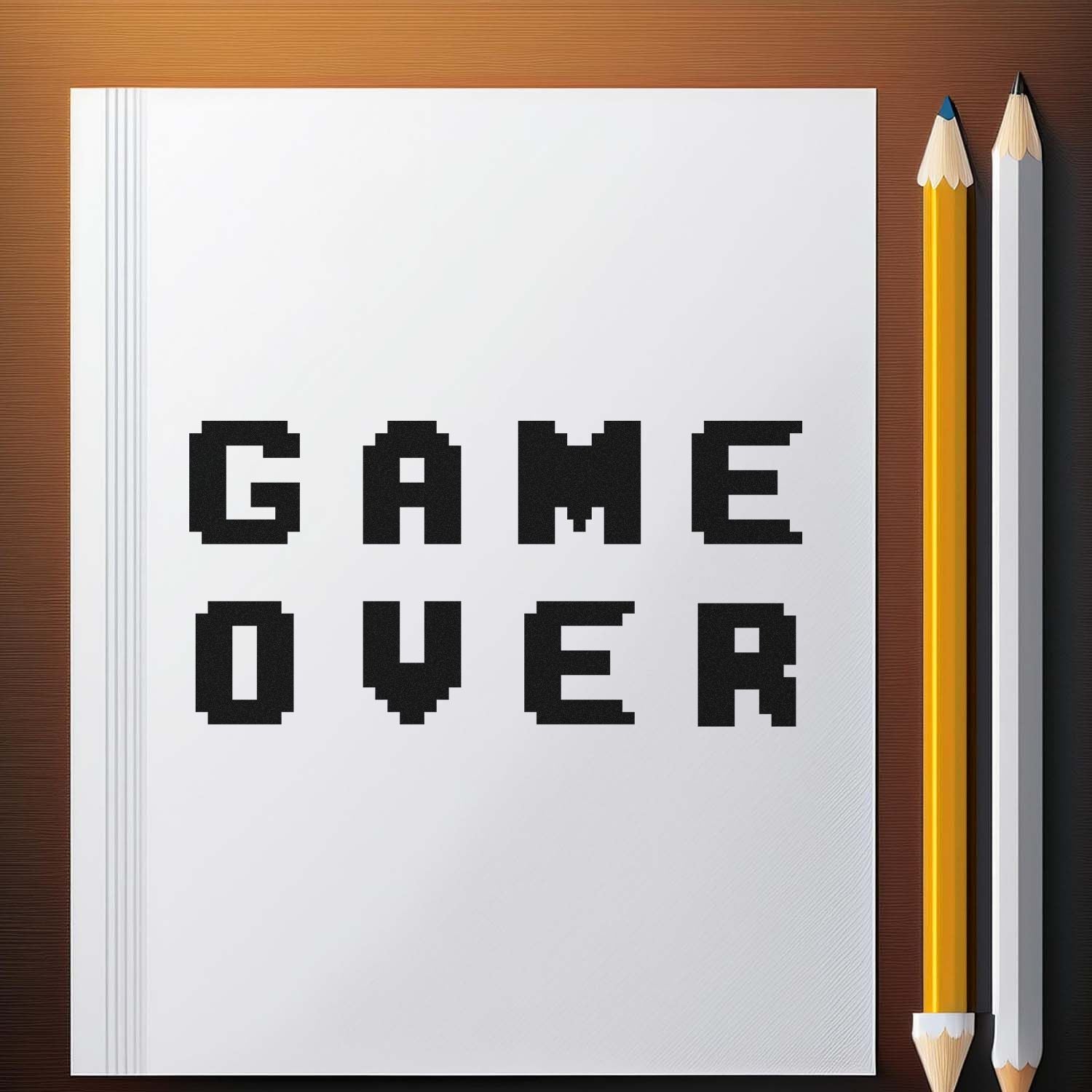 Game Over pixel font rubber stamp design on notebook page, ideal for gamer-themed stationery and custom stamps.
