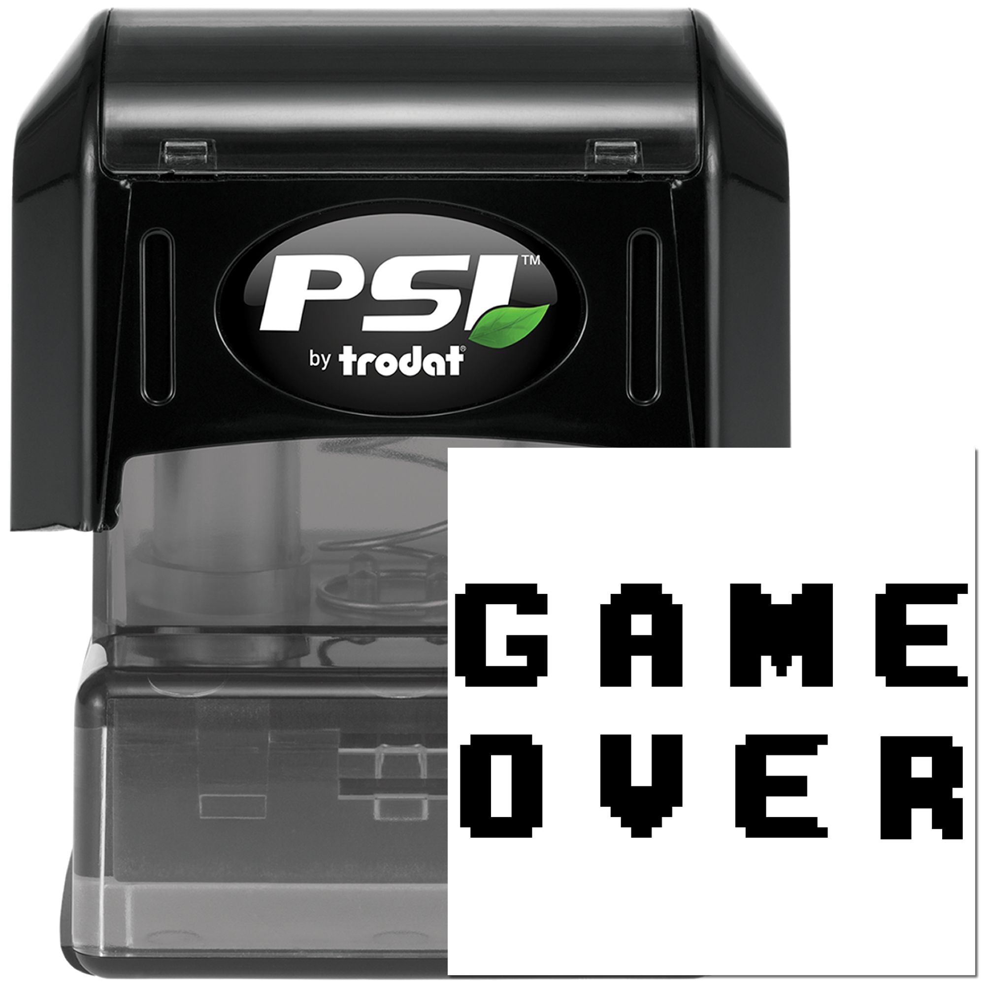 PSI by Trodat self-inking rubber stamp with Game Over impression for gaming-themed custom marking and office use.