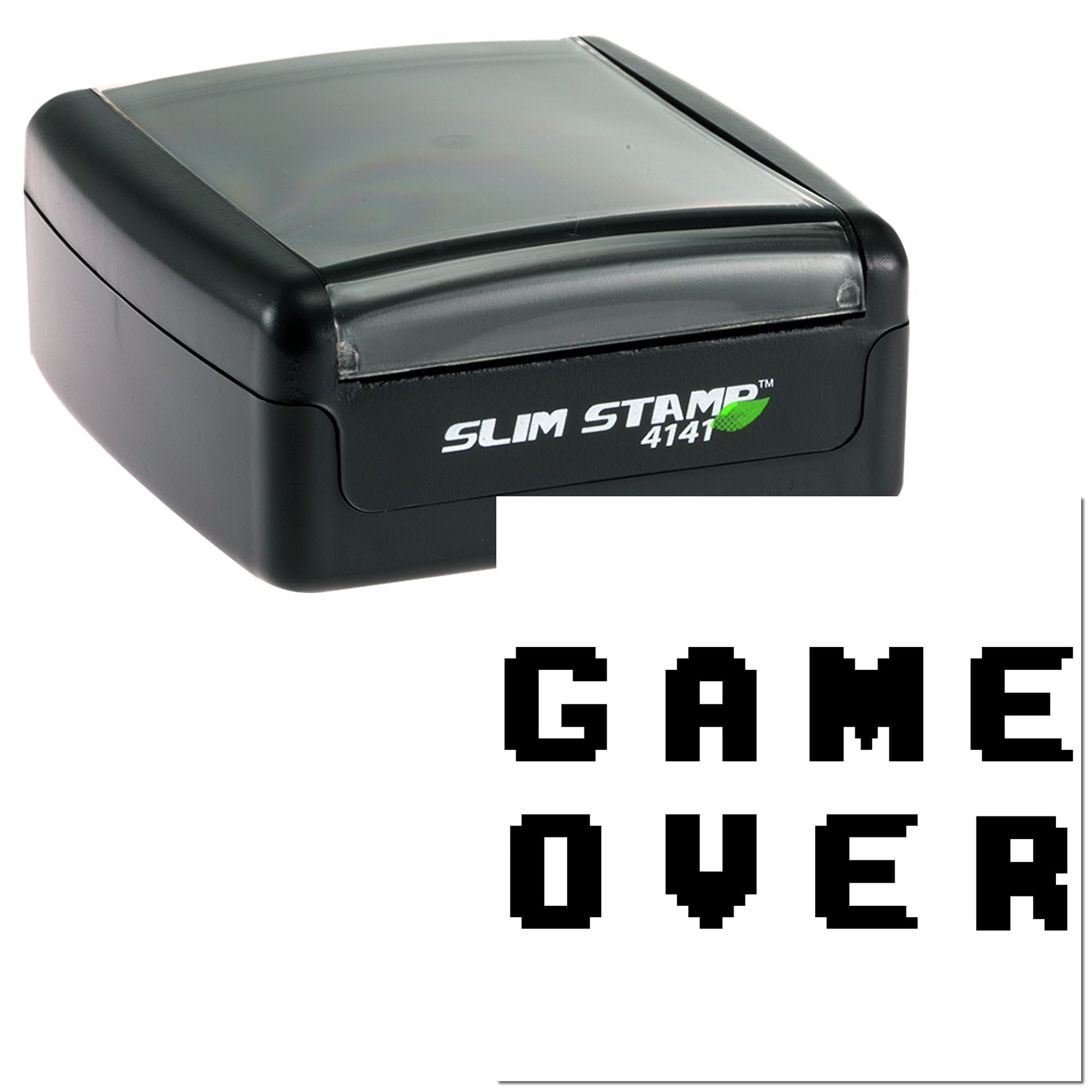 Slim Stamp 4141 self-inking rubber stamp printing pixel-style GAME OVER text for gaming, crafts, and custom marking.