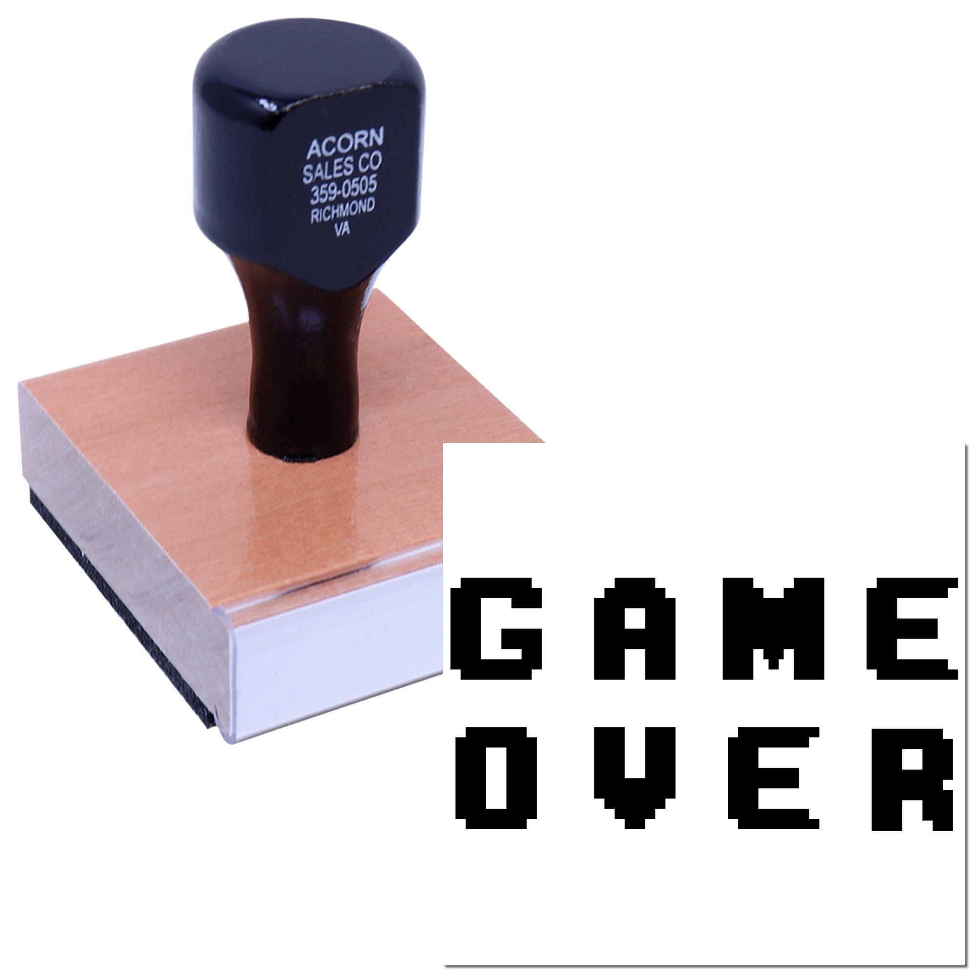 Custom Game Over rubber stamp with bold pixel font, ideal for novelty office, classroom, or gamer-themed stamping.