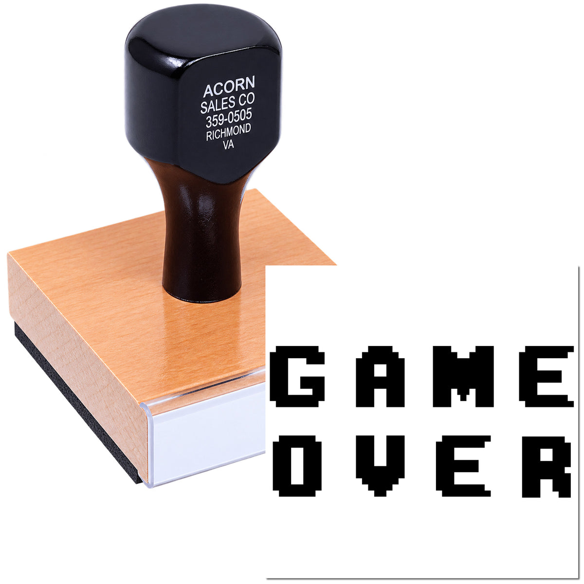 Custom Game Over rubber stamp with bold pixel font, ideal for novelty office, classroom, or gamer-themed stamping.