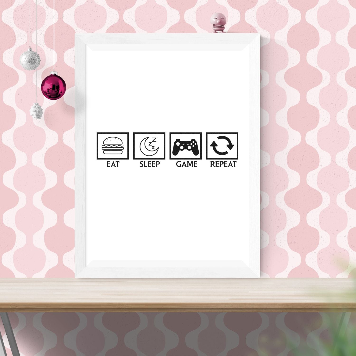 Eat Sleep Game Repeat rubber stamp design mockup for gamer crafts, custom stamps, and playful DIY wall art.