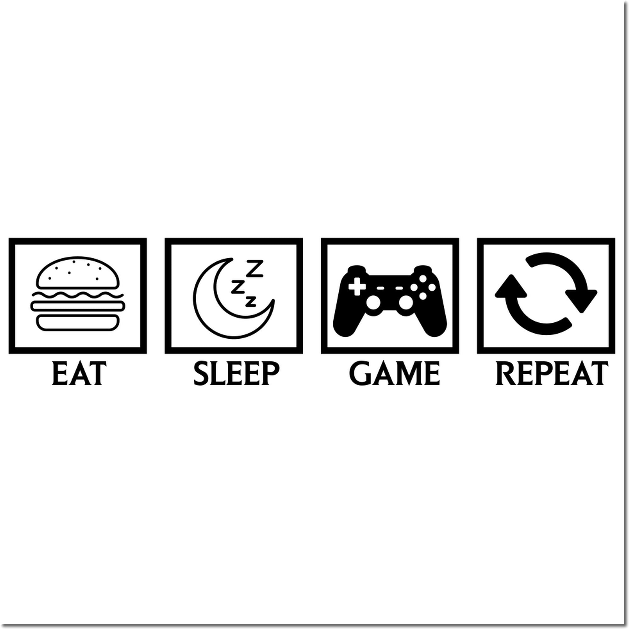 Eat Sleep Game Repeat rubber stamp set with burger, moon, controller and repeat icons for gamer crafts.