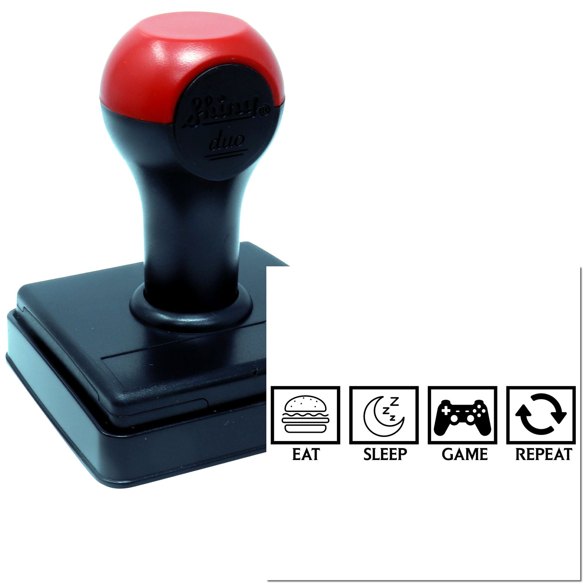 Custom self-inking rubber stamp with Eat Sleep Game Repeat design for personalized gaming crafts and office use.
