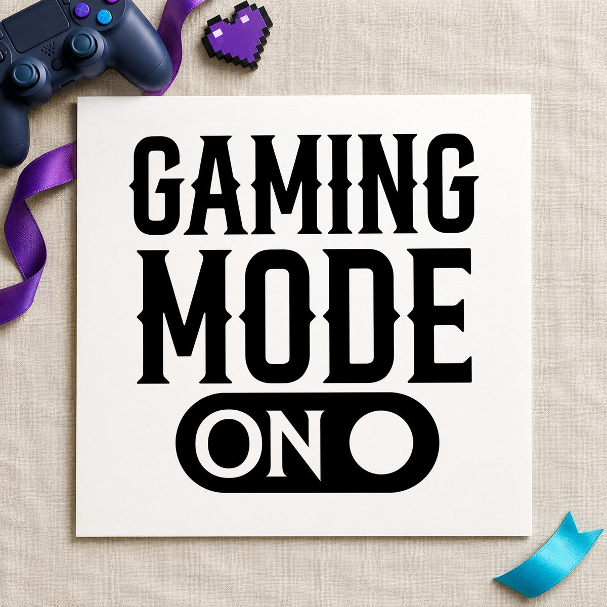 Gaming Mode On Switch craft stamp imprint in black ink on a handmade project, one idea being cable kit gift tags.
