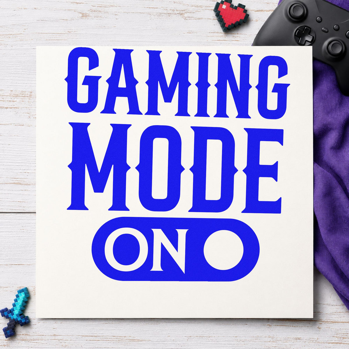 Gaming Mode On Switch craft stamp imprinted in blue ink on paper, a design suited to framed office corner.