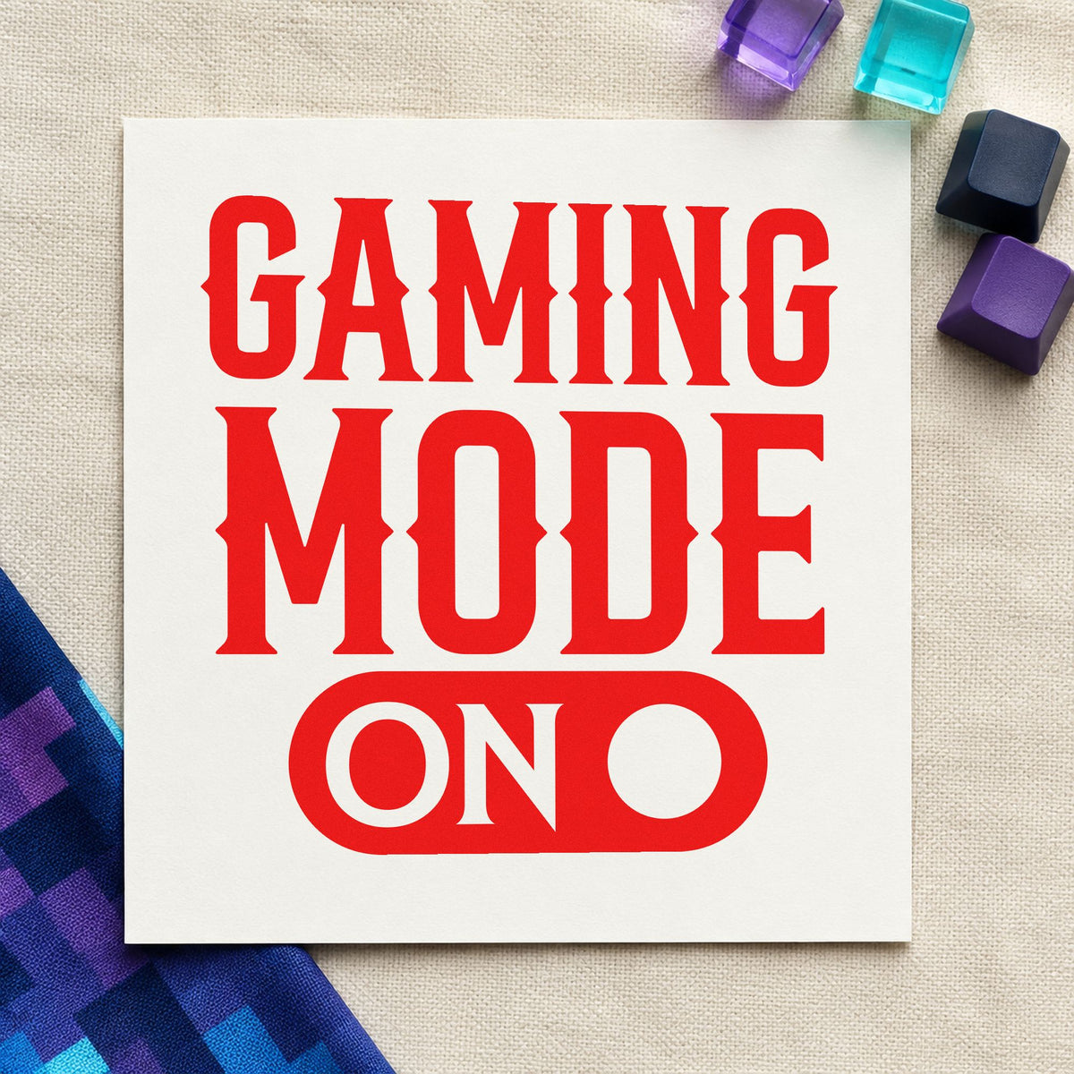 Gaming Mode On Switch rubber stamp shown in red ink, stamped for projects such as drawer mode labels.