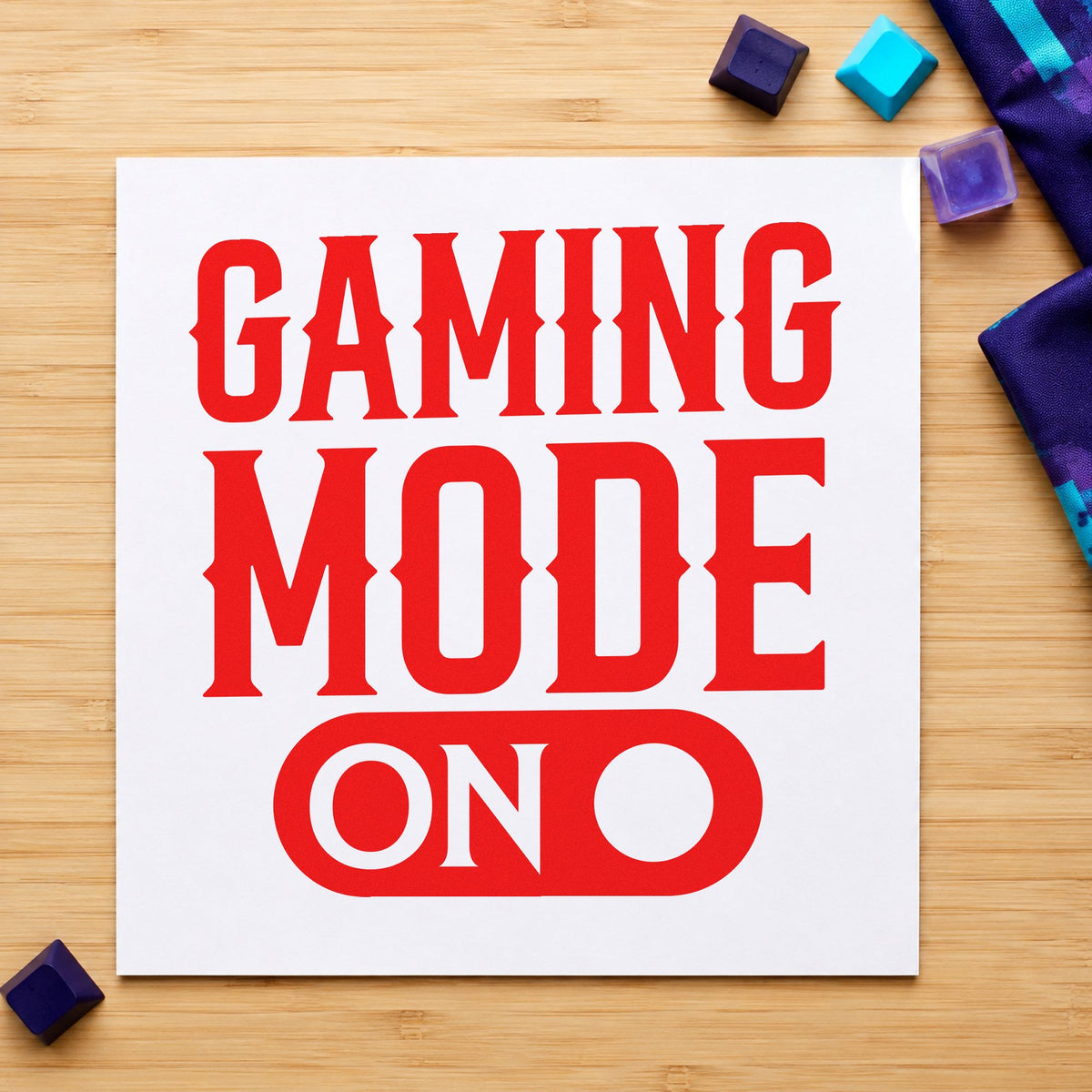 Gaming Mode On Switch craft stamp imprint in red ink on a handmade project, one idea being switch step cards.
