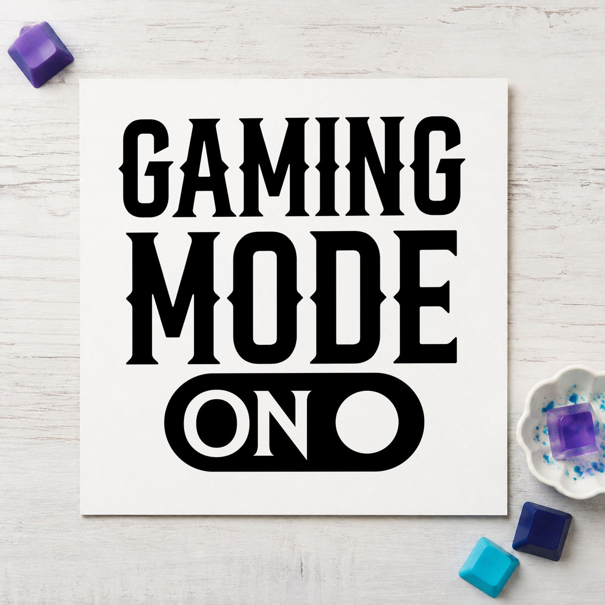 Gaming Mode On Switch rubber stamp printed in black ink, ready for toggle switch cards and similar paper crafts.