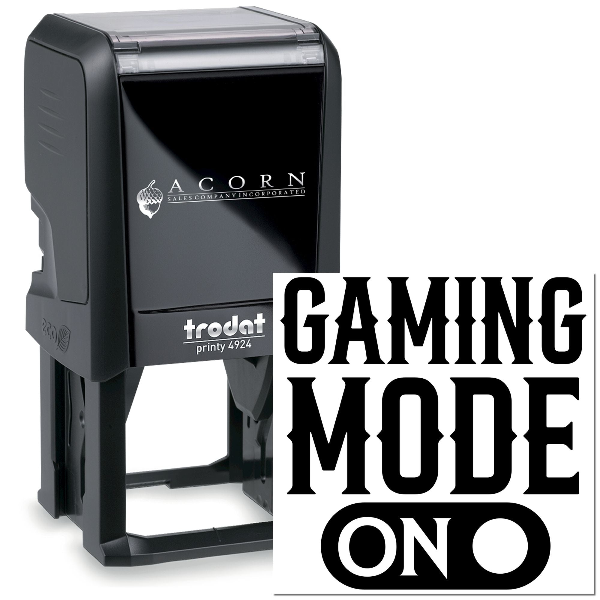Custom self-inking Trodat rubber stamp with Gaming Mode On design for gaming-themed branding and packaging.