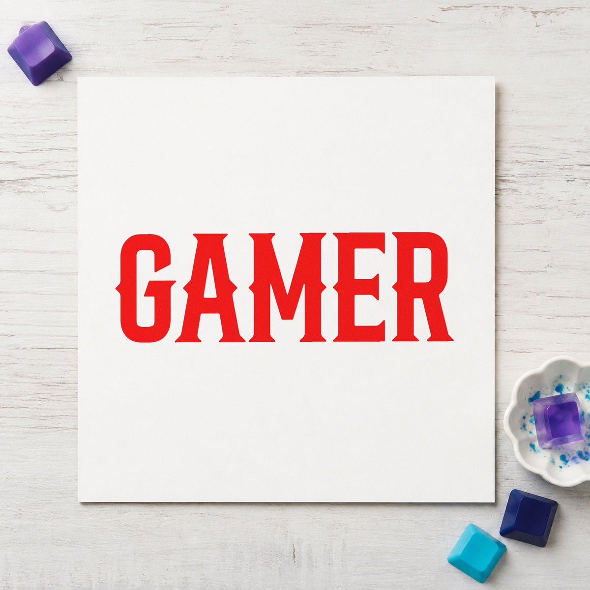 Gamer Bold Slab Lettering craft stamp imprint in red ink on a handmade project, one idea being order slip cards.
