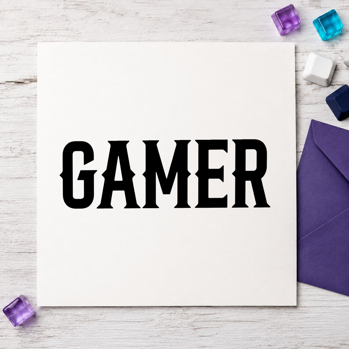 Gamer Bold Slab Lettering rubber stamp printed in black ink, ready for slab serif cards and similar paper crafts.