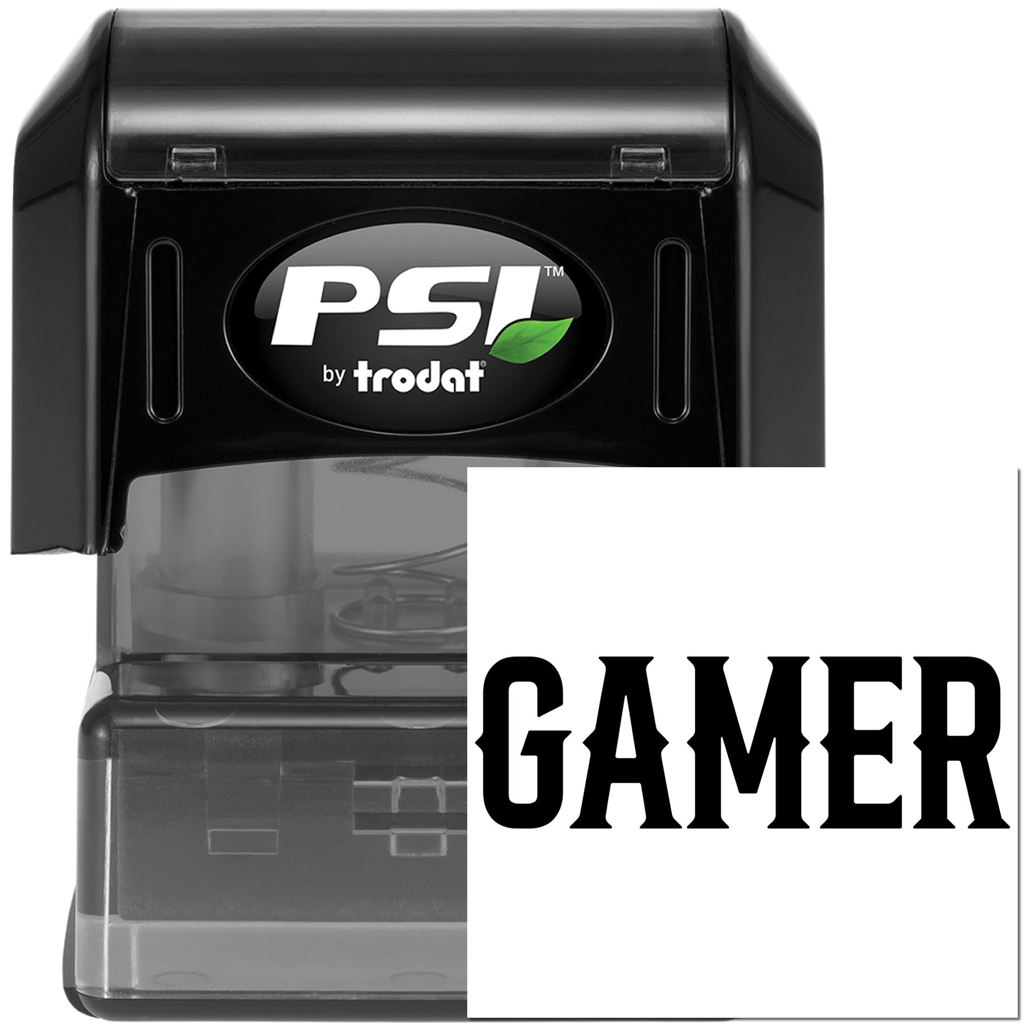 PSI by Trodat self-inking rubber stamp with bold Gamer imprint for custom gaming branding.