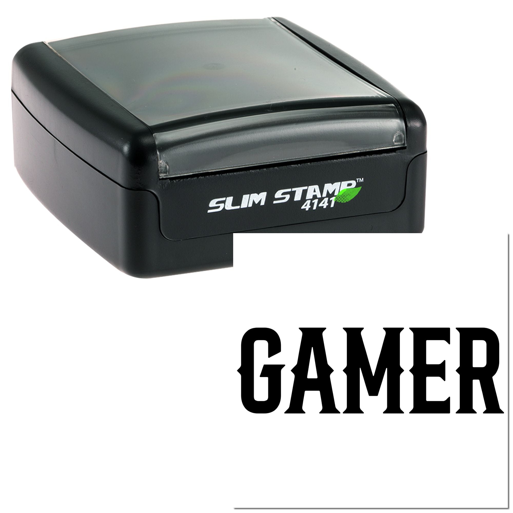 Black self-inking rubber stamp with GAMER imprint, Slim Stamp 4141 custom stamp for gaming-themed branding.