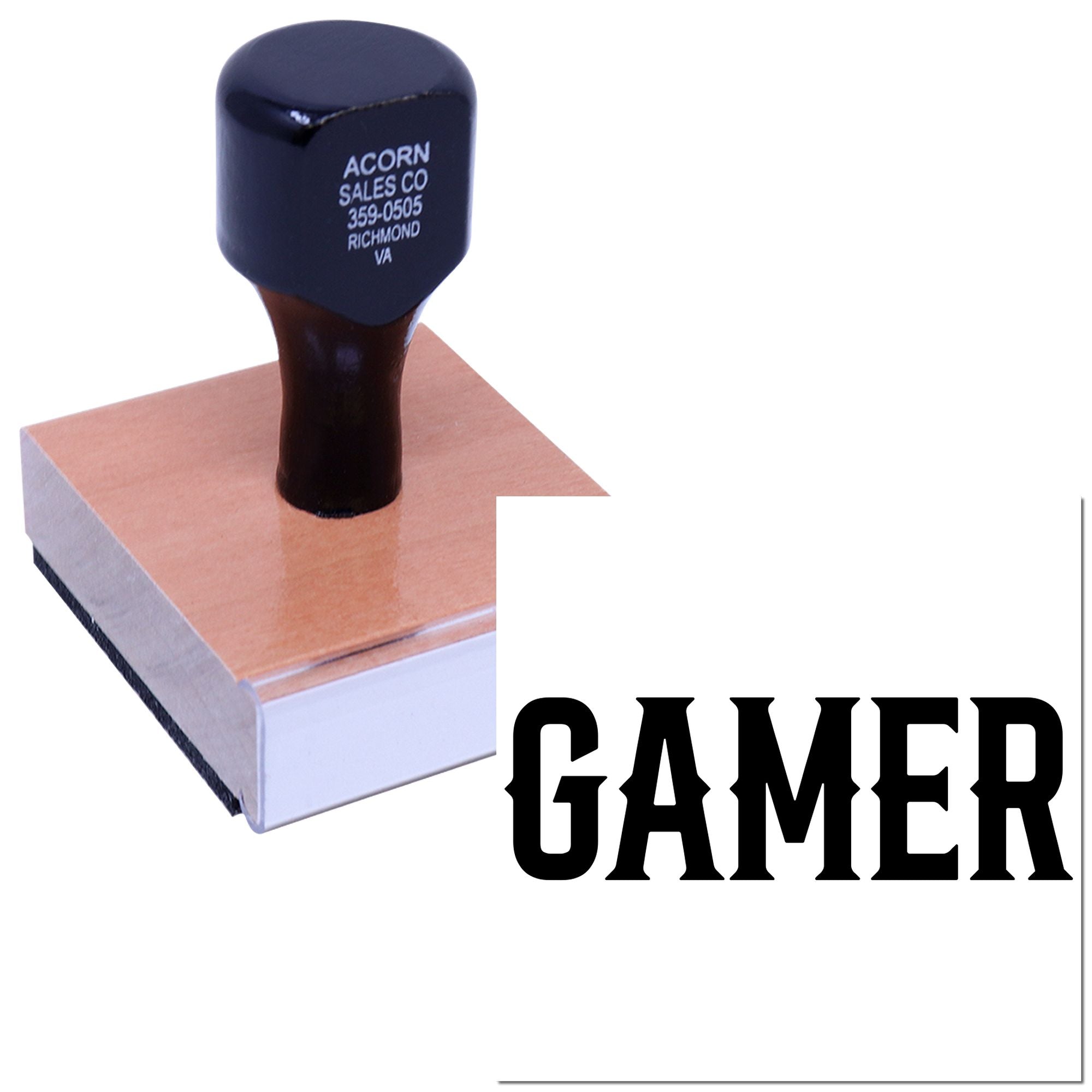 Custom GAMER rubber stamp with wood handle for gaming-themed branding and crafts.