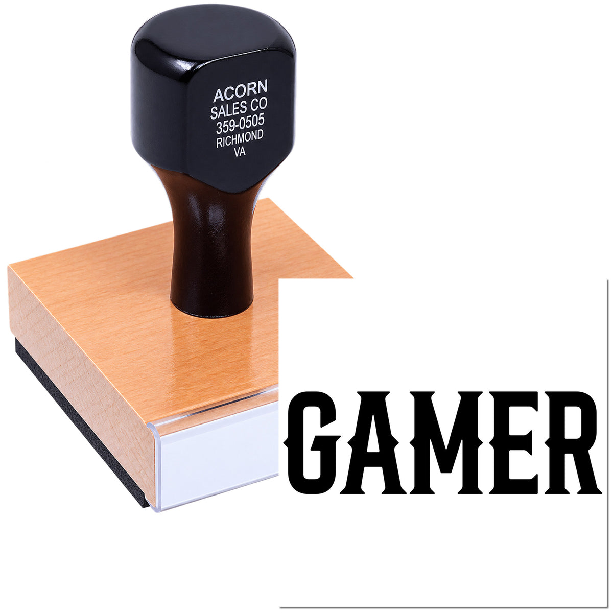 Custom GAMER rubber stamp with wood handle for gaming-themed branding and crafts.