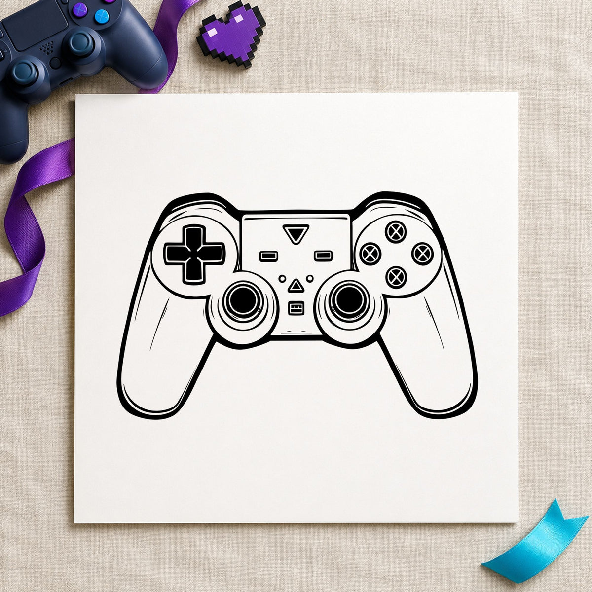 Detailed Dual Stick Controller craft stamp in black ink on cardstock, an easy option for repair album page.