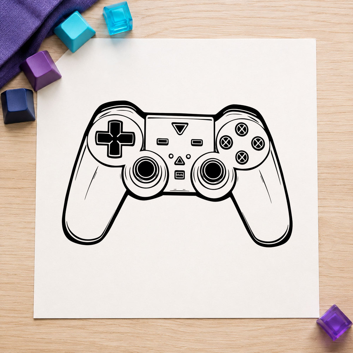Detailed Dual Stick Controller rubber stamp printed in black ink, ready for job queue sheet and similar paper crafts.