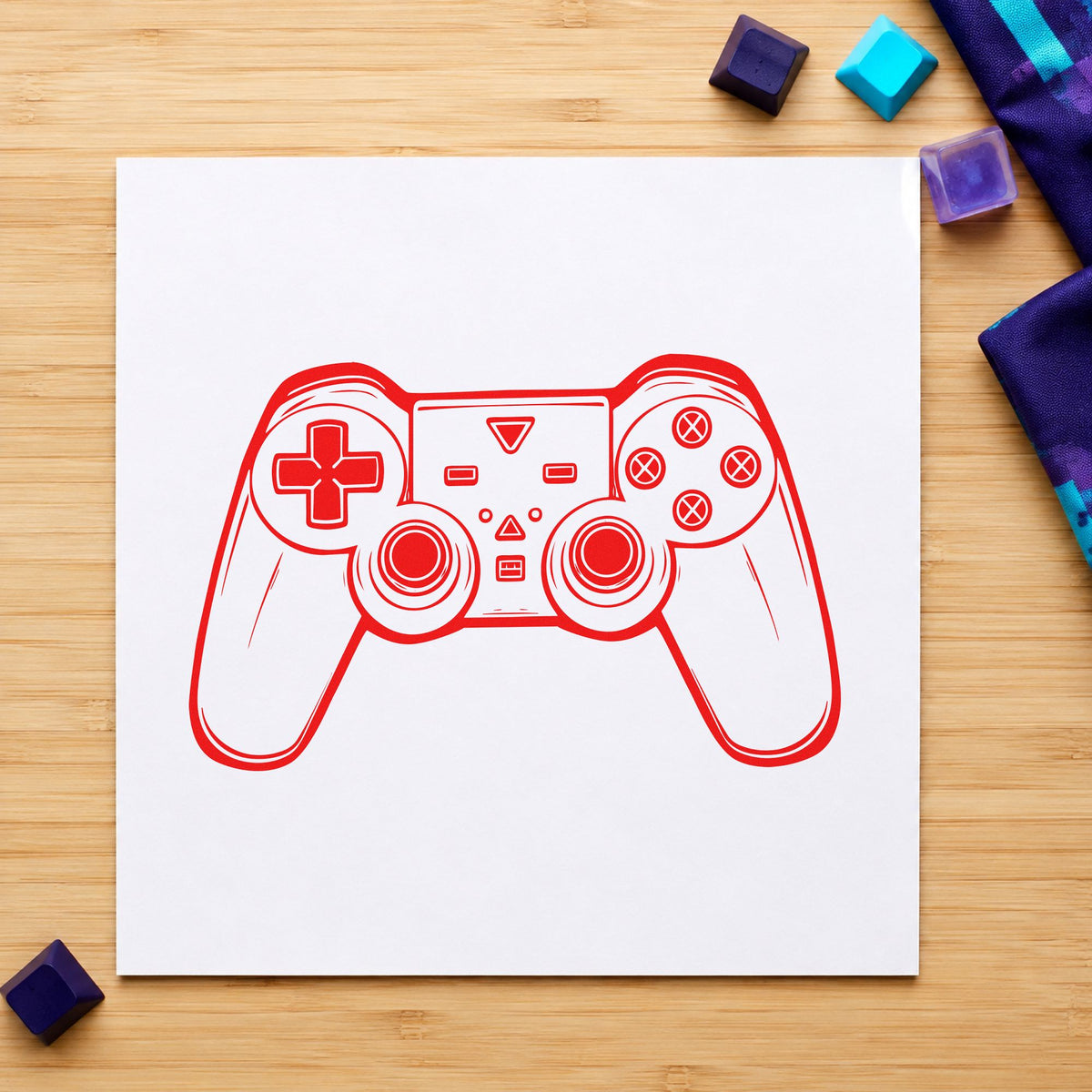 Detailed Dual Stick Controller rubber stamp shown in red ink, stamped for projects such as drawer part labels.