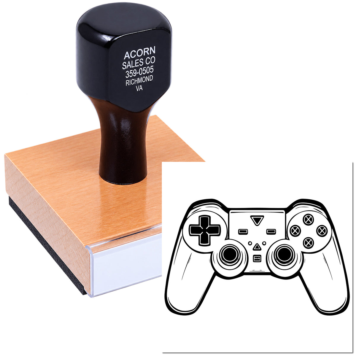 Custom rubber stamp with game controller design on wooden mount for gamer branding, packaging, and crafts.