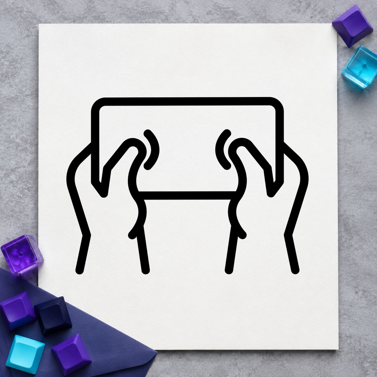 Hands Holding Outlined Tablet craft stamp in black ink on cardstock, an easy option for screen year album page.
