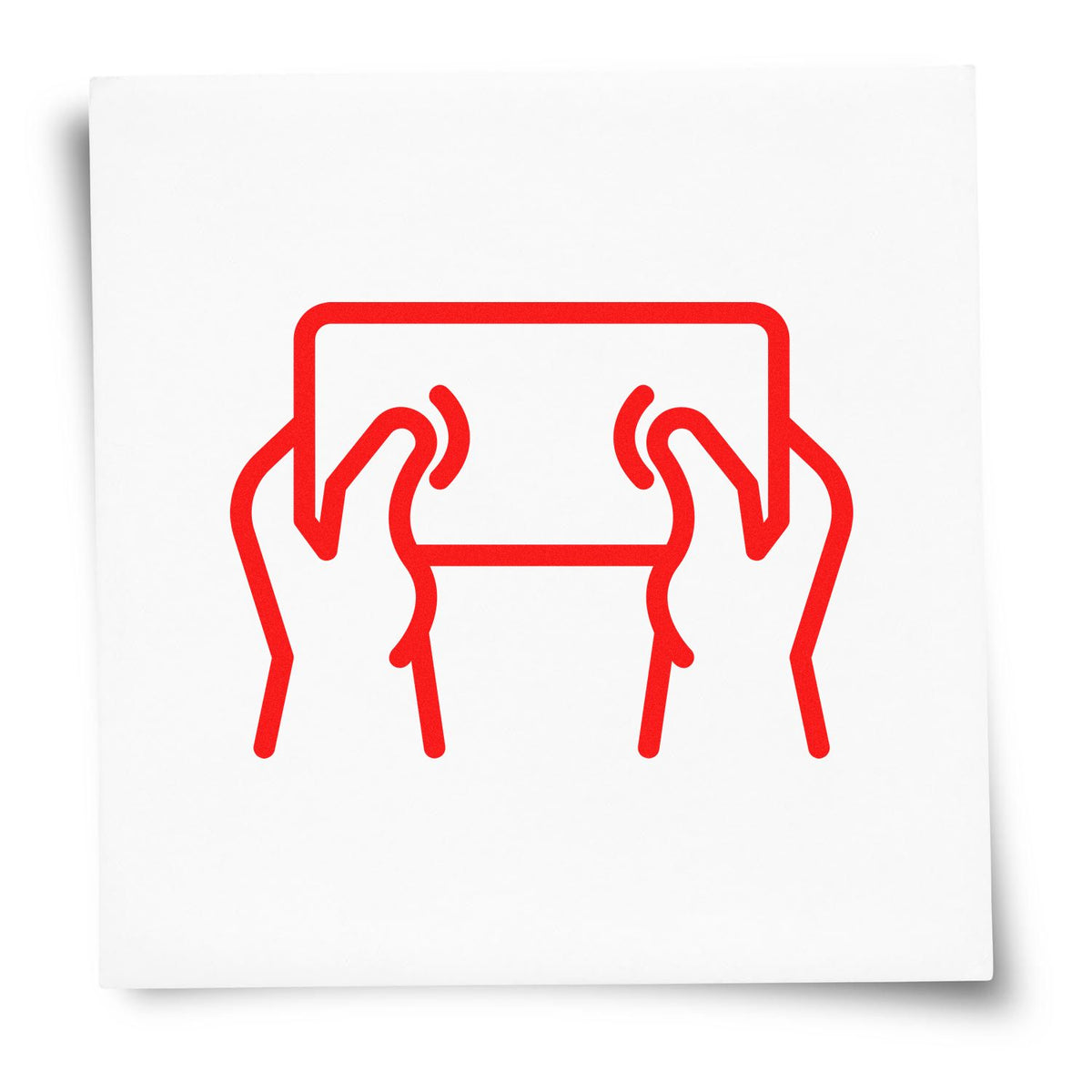 Hands Holding Outlined Tablet rubber stamp shown in red ink, stamped for projects such as screen year album page.