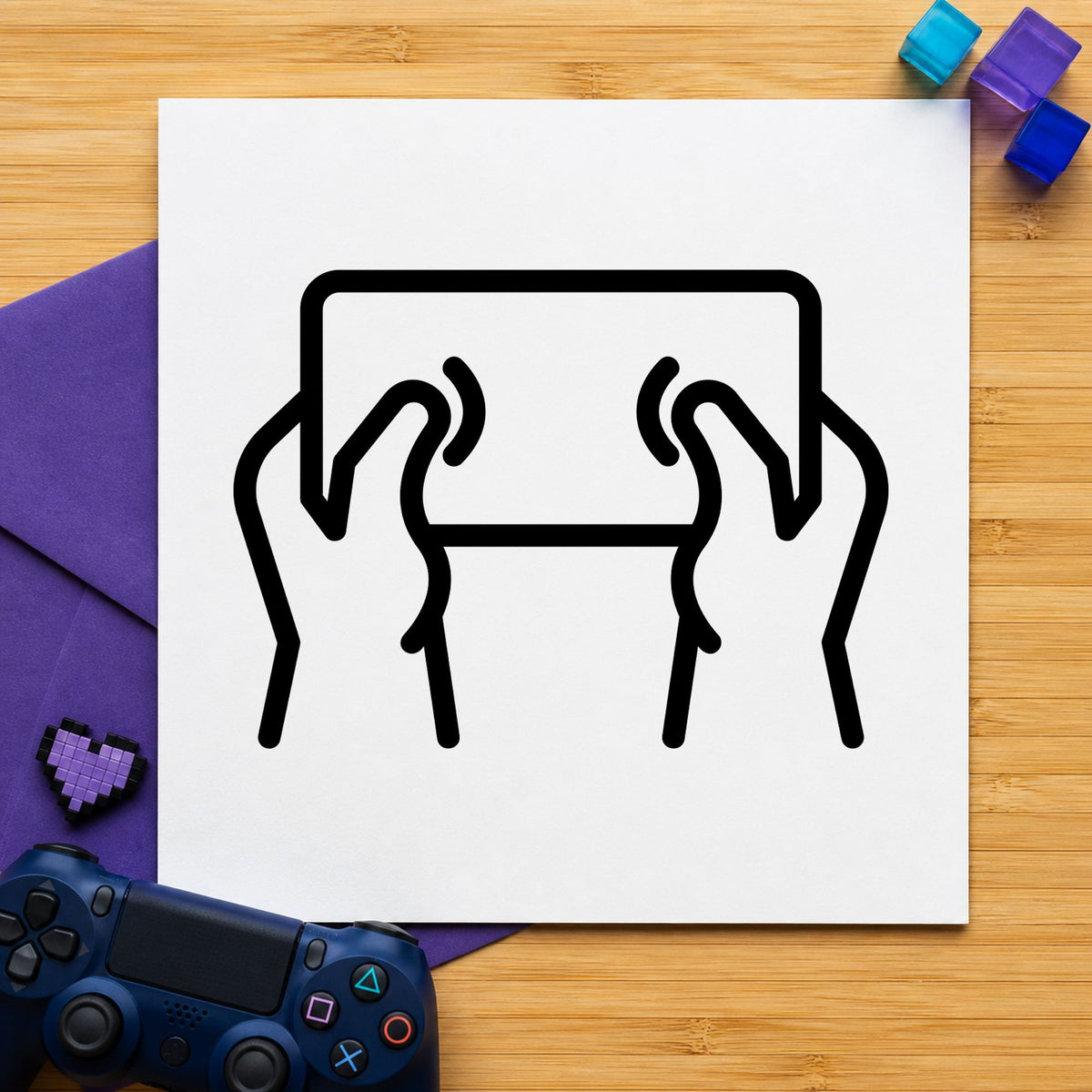 Hands Holding Outlined Tablet craft stamp imprint in black ink on a handmade project, one idea being app voucher gift tags.
