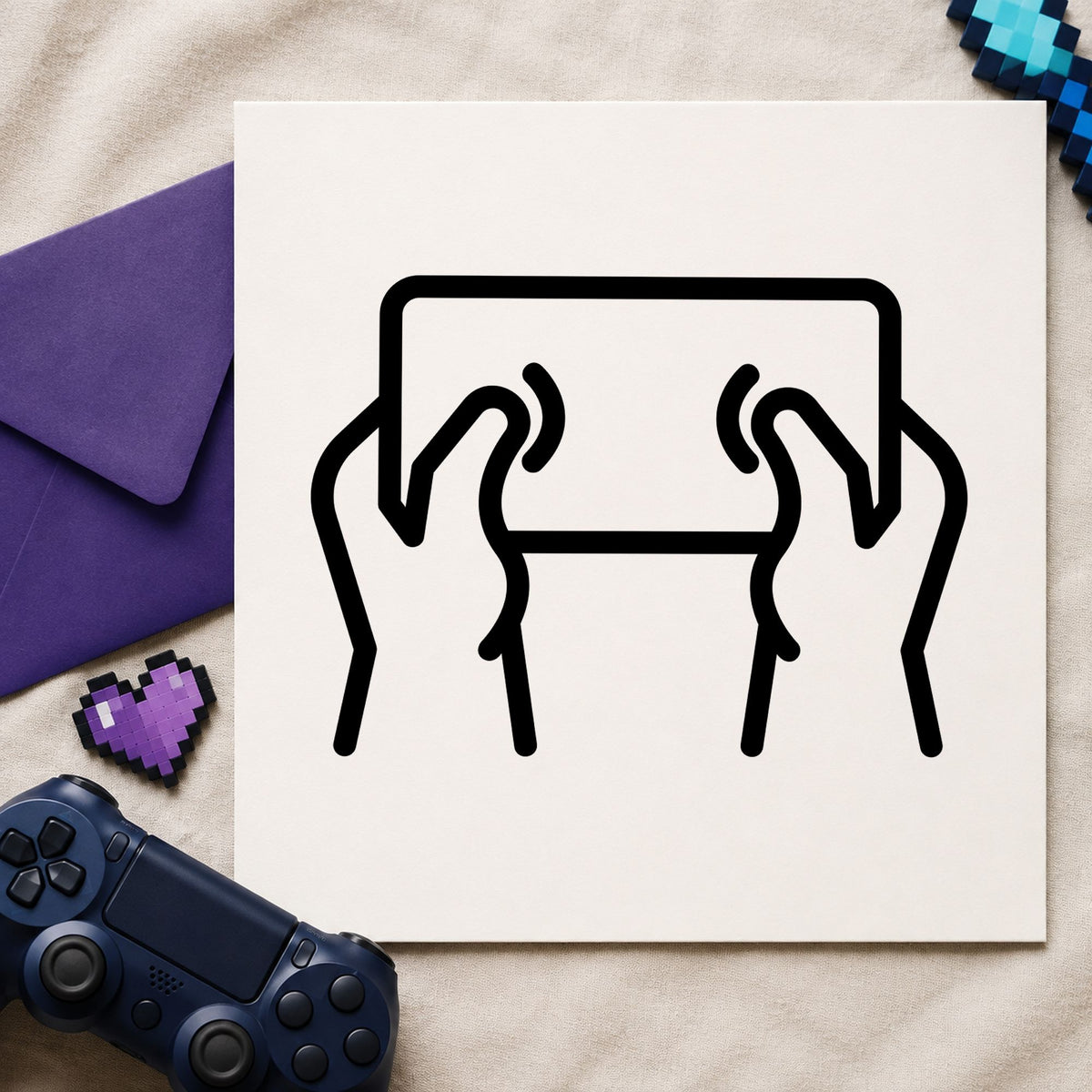 Hands Holding Outlined Tablet rubber stamp printed in black ink, ready for held tablet cards and similar paper crafts.