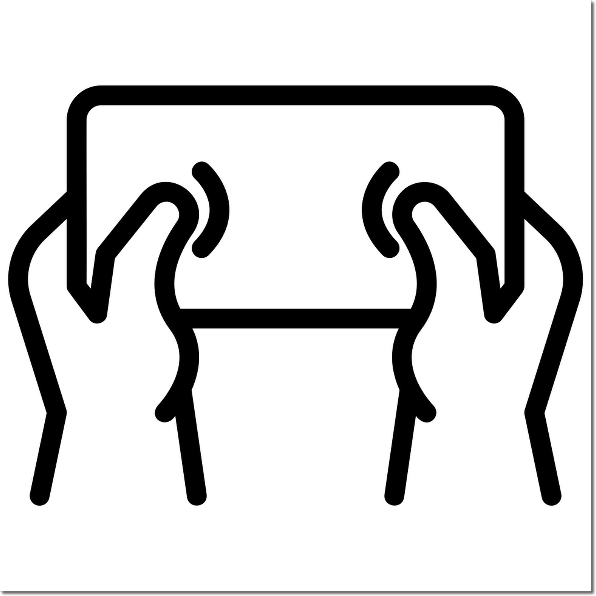 Black line icon of hands holding a rubber stamp for custom business branding and packaging.