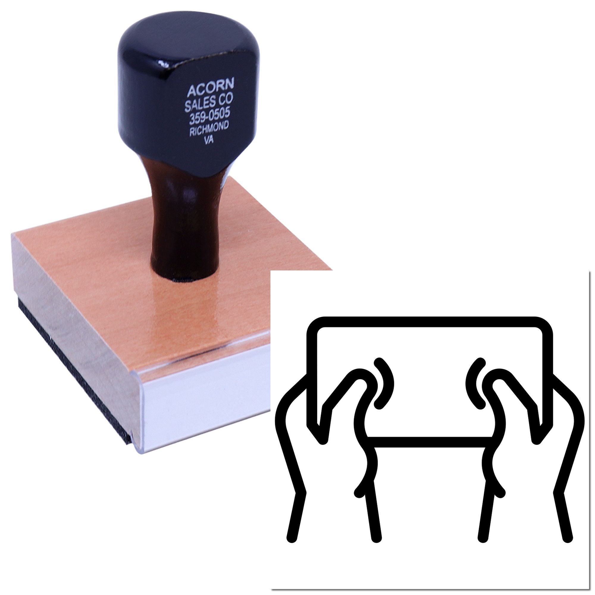 Custom wood-mounted rubber stamp for business address and logo imprinting