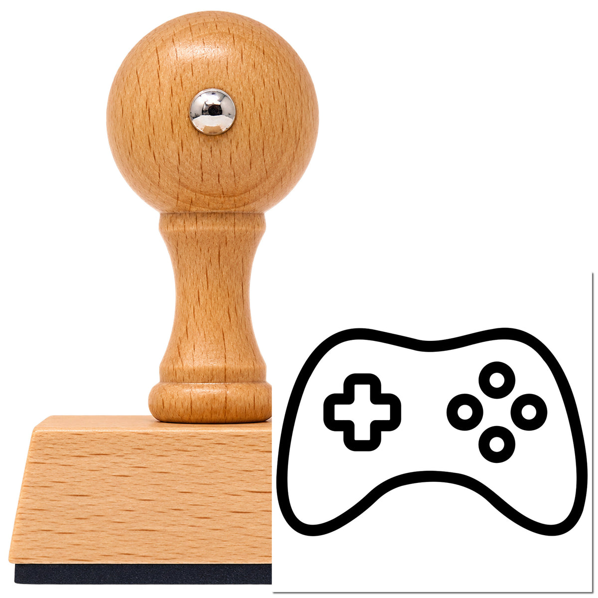 Ring Button Controller Outline Vintage Pro rubber stamp in European beech wood with a round knob handle, shown beside its black imprint.