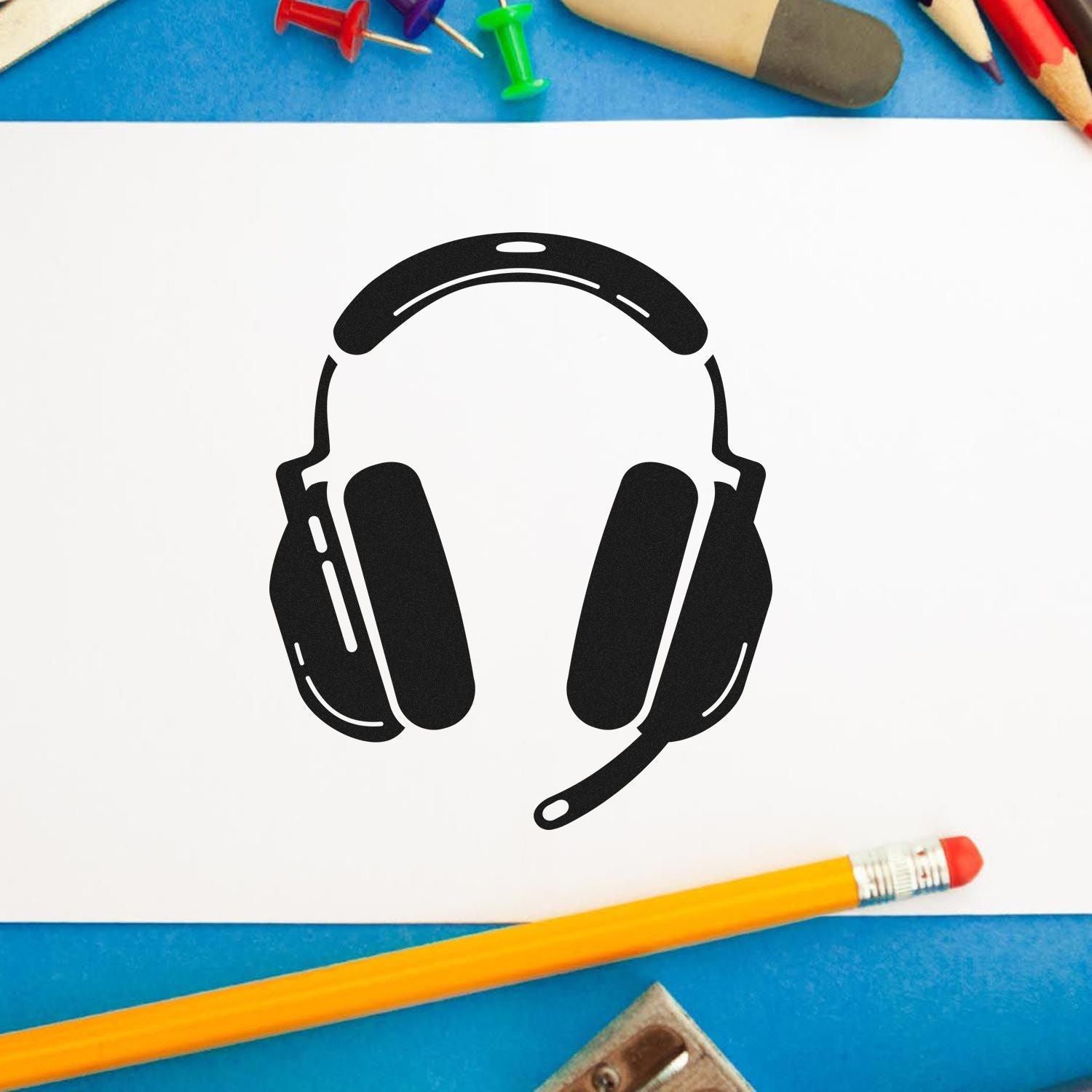 Headset rubber stamp icon for customer service, call center support, and contact center branding.