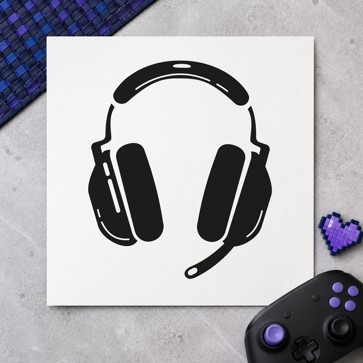 Gaming Headset With Microphone rubber stamp printed in black ink, ready for scrim plan sheet and similar paper crafts.