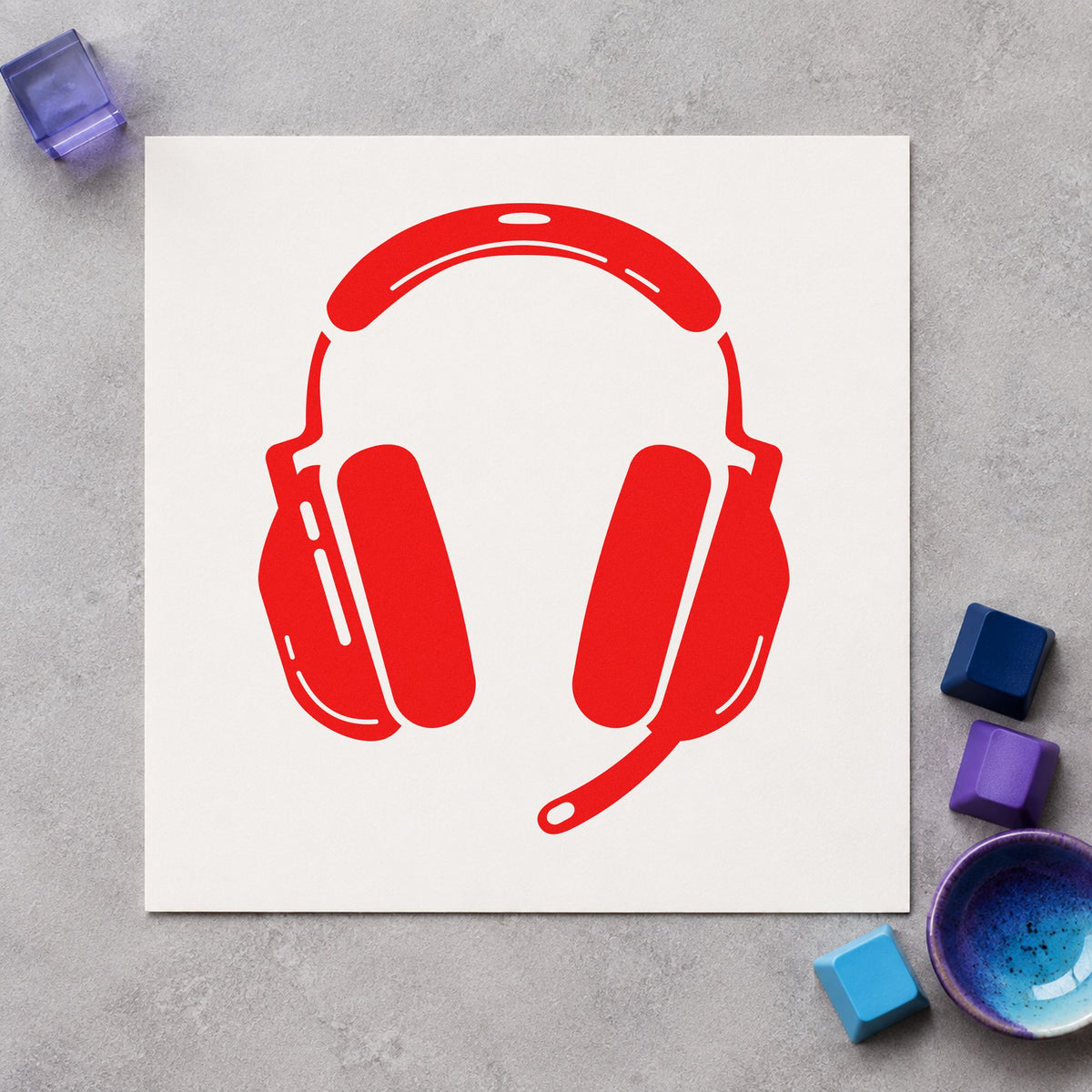 Gaming Headset With Microphone rubber stamp shown in red ink, stamped for projects such as bin spare labels.