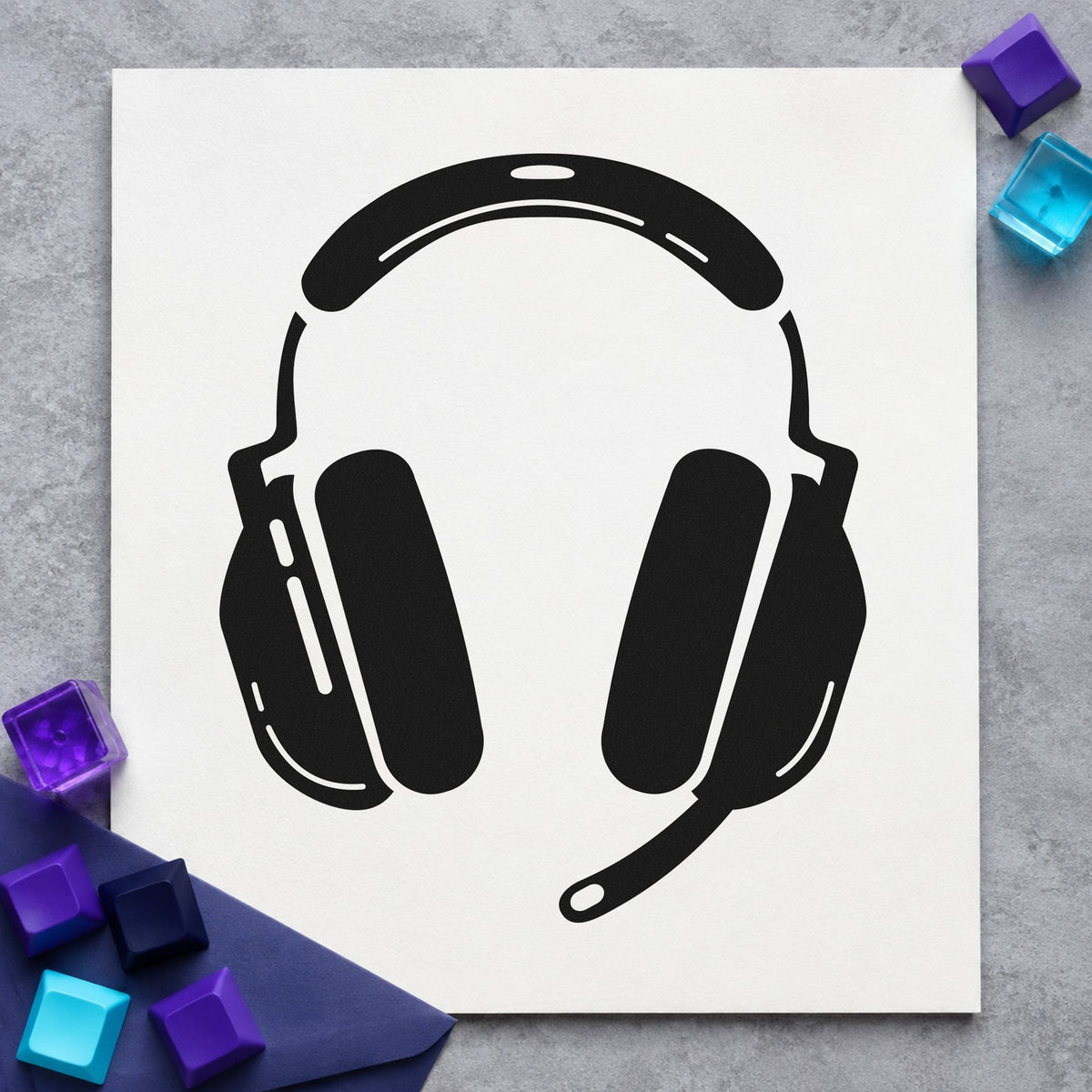Gaming Headset With Microphone rubber stamp printed in black ink, ready for boom mic cards and similar paper crafts.