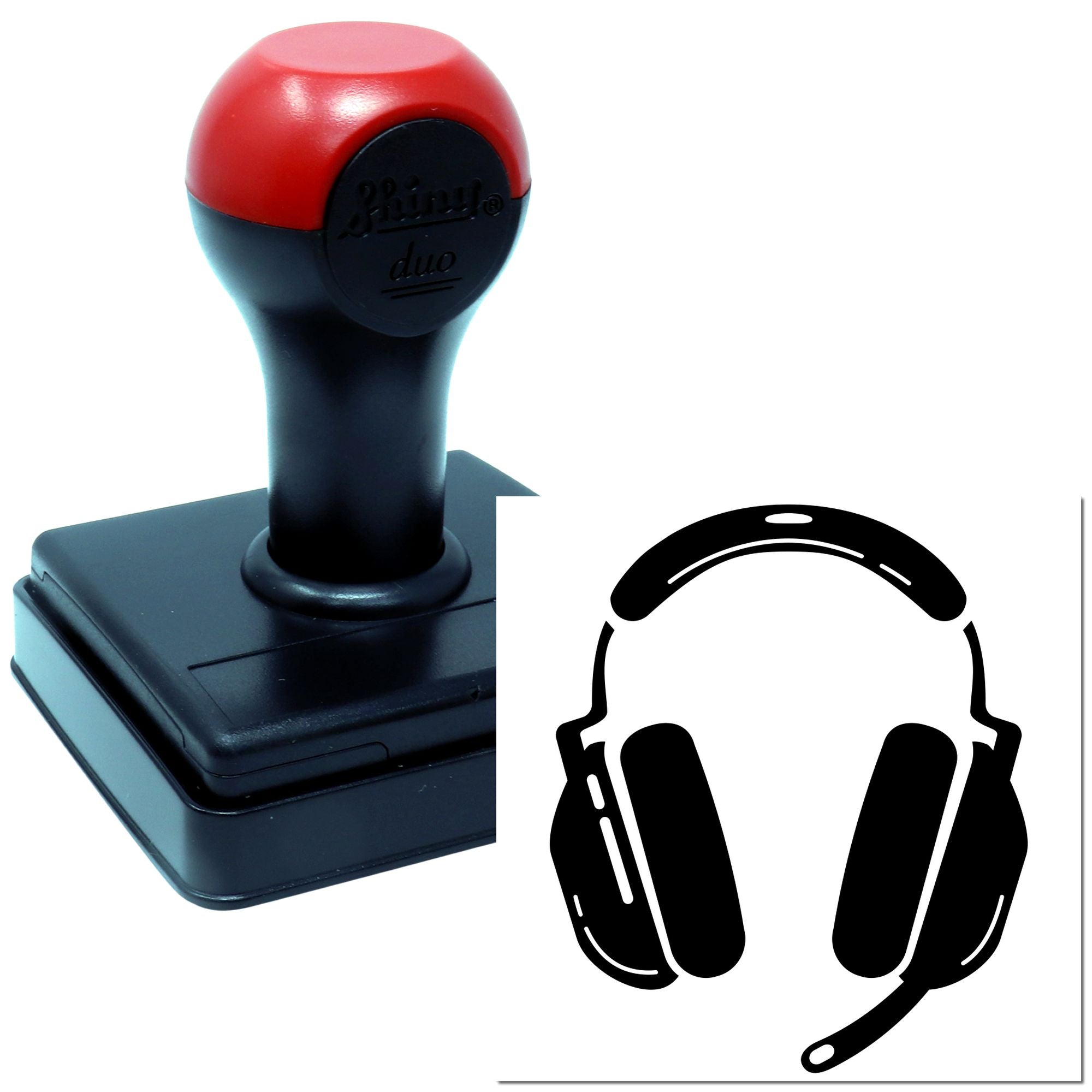 Self-inking rubber stamp with headset icon for customer support, featuring a custom headphones logo imprint.