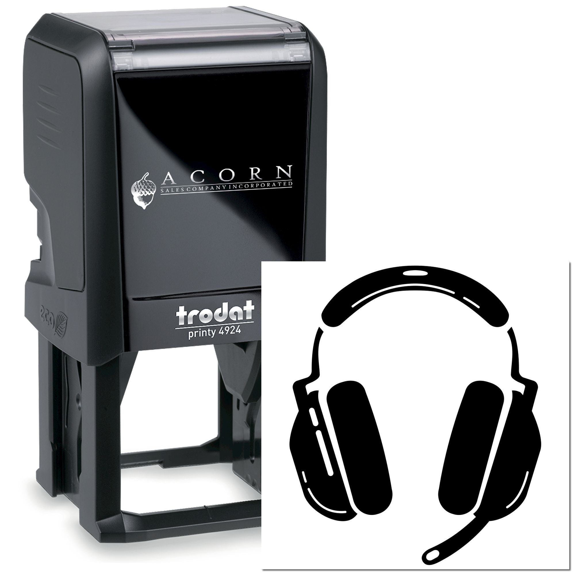 Custom self-inking rubber stamp, Trodat Printy 4924, with Acorn Sales Company logo and headset icon for branded business use.
