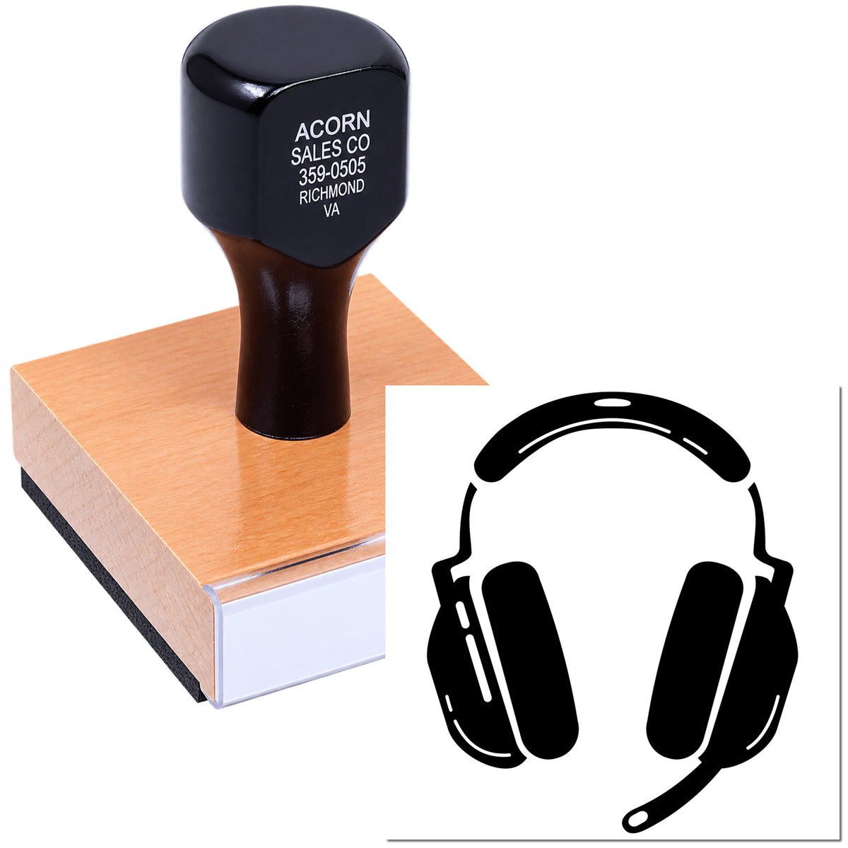 Custom rubber stamp with headset logo for business branding, office marking, and promotional imprinting.