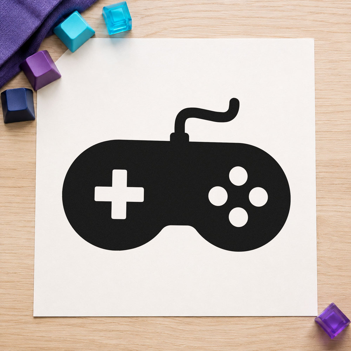 Solid Wired Retro Controller craft stamp in black ink on cardstock, an easy option for lending album page.