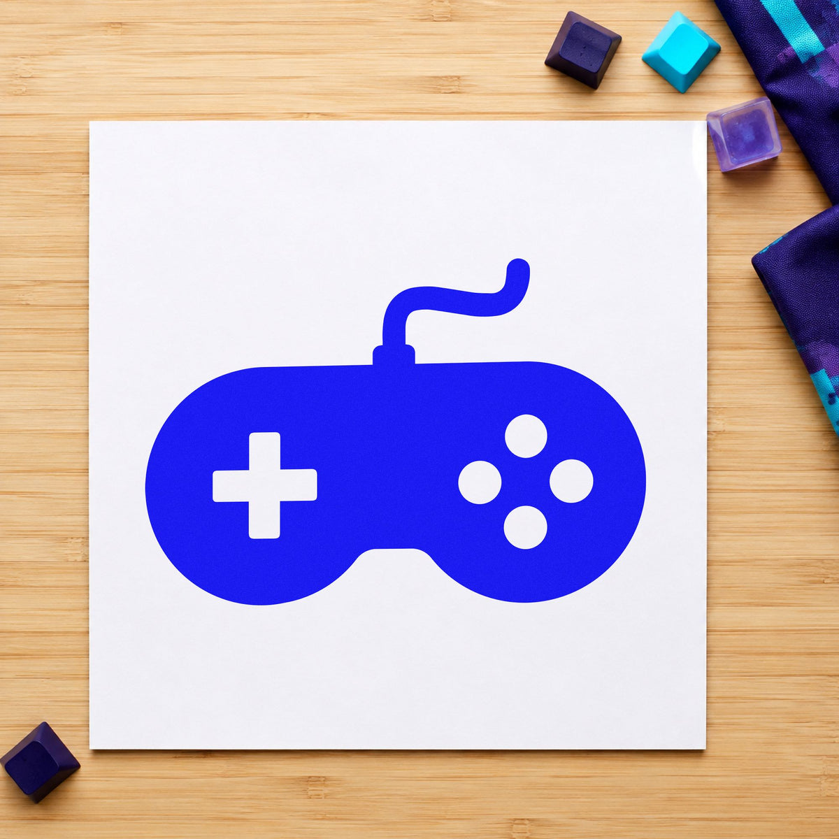 Solid Wired Retro Controller craft stamp in blue ink on cardstock, an easy option for carry bag printing.