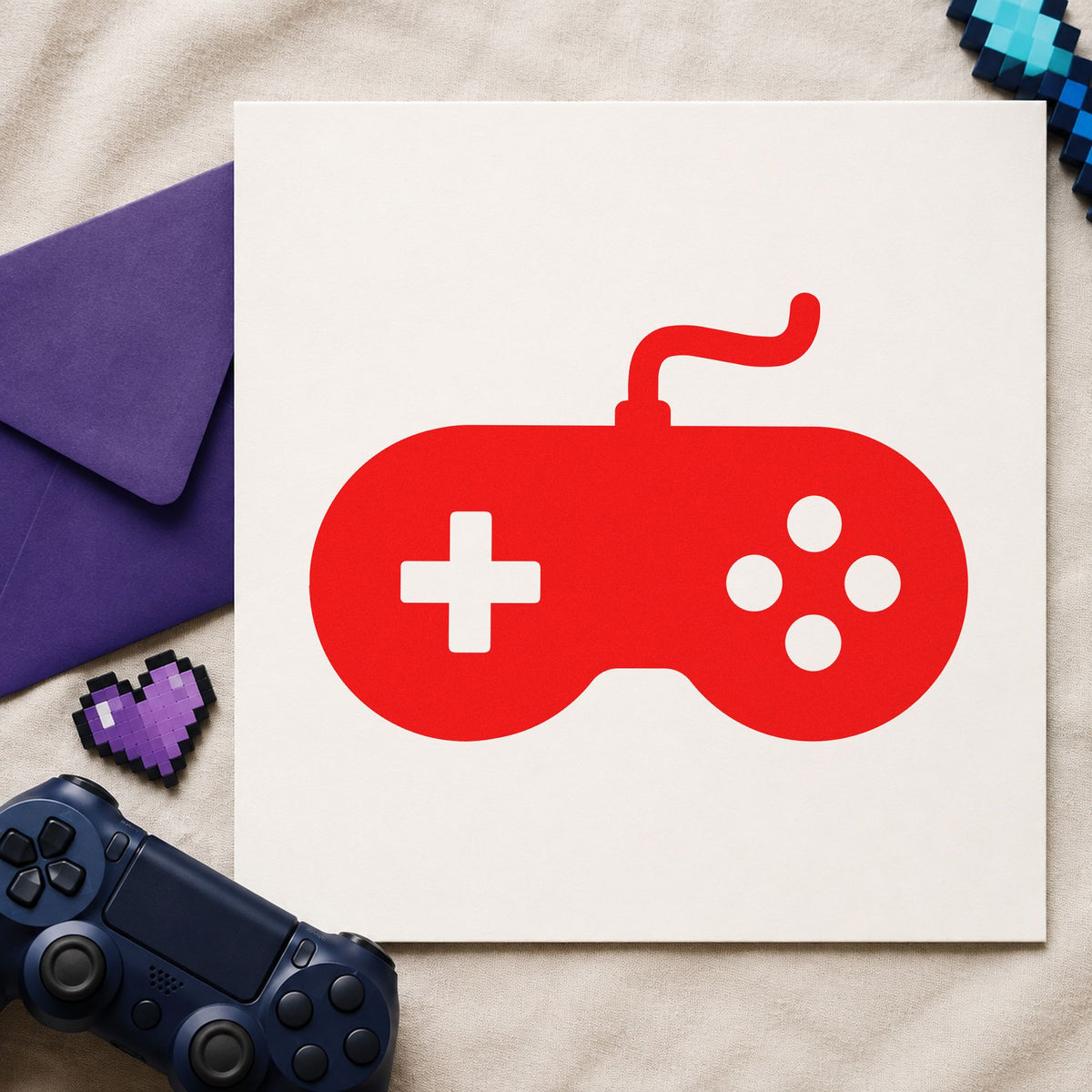 Solid Wired Retro Controller rubber stamp shown in red ink, stamped for projects such as shelf genre labels.