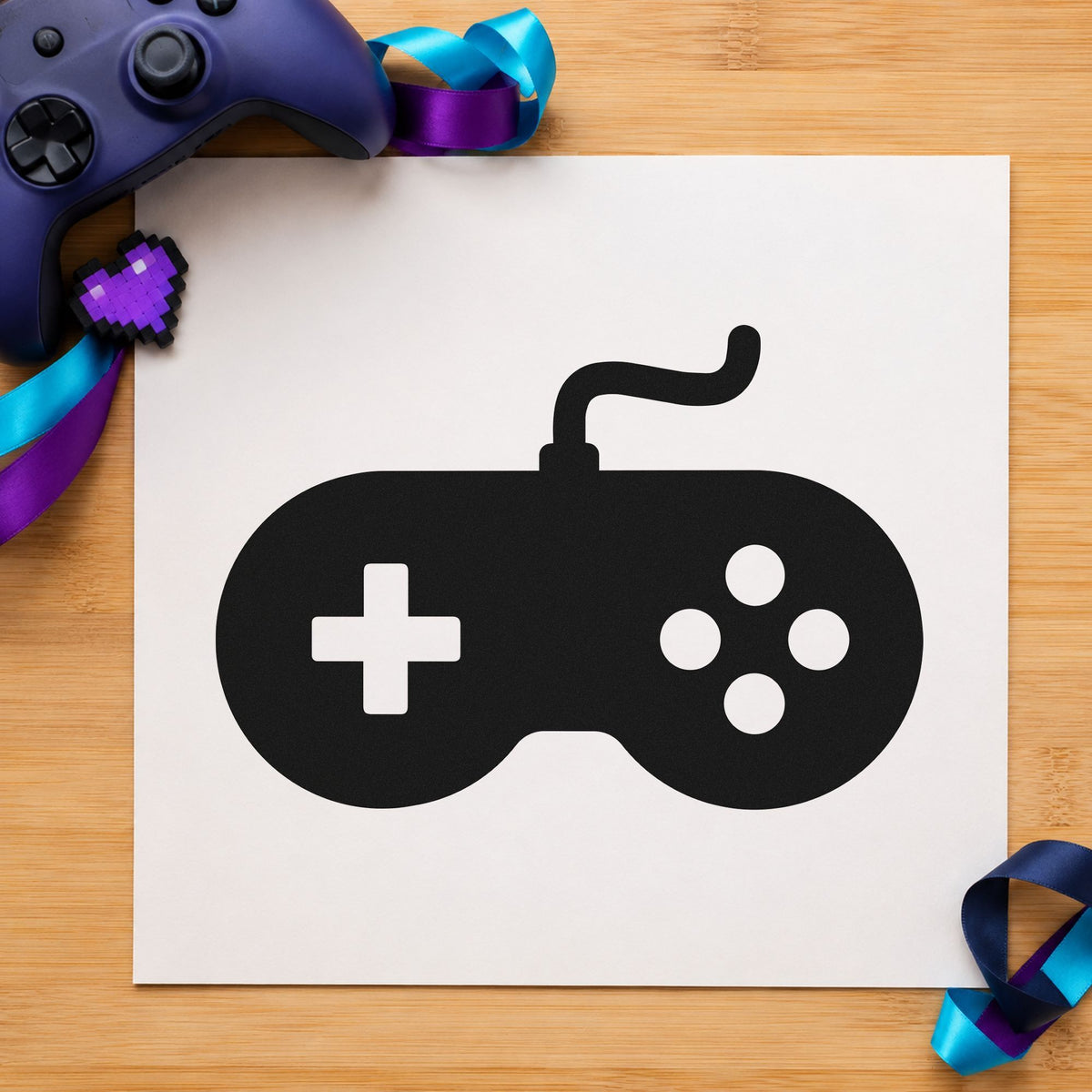 Solid Wired Retro Controller rubber stamp printed in black ink, ready for solid cross cards and similar paper crafts.