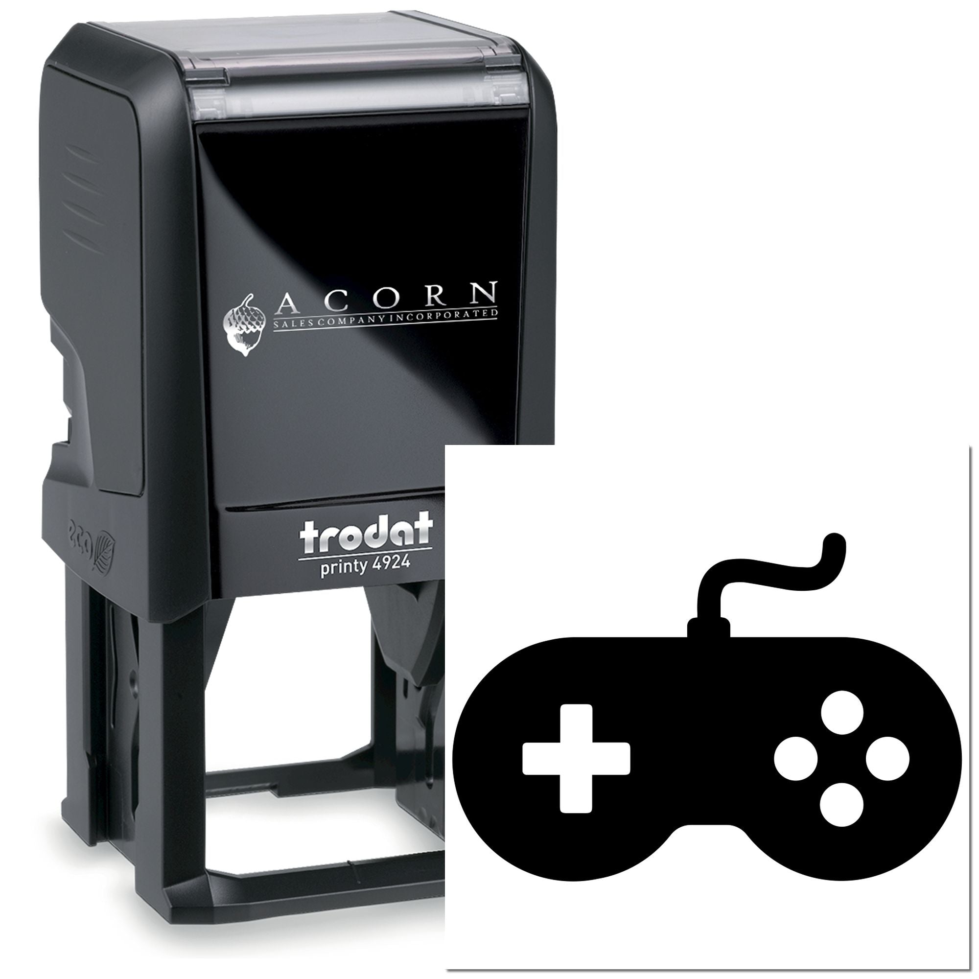 Custom self-inking rubber stamp with game controller logo, Trodat Printy 4924, ideal for branding business materials.