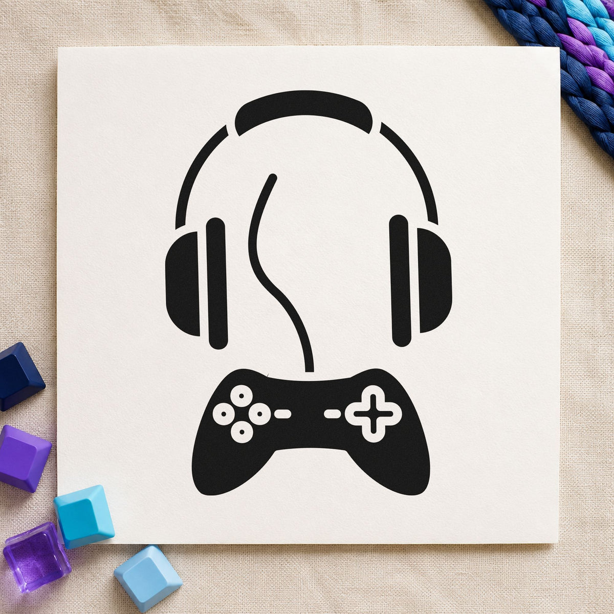 Headphones Above Wired Controller craft stamp in black ink on cardstock, an easy option for show album page.