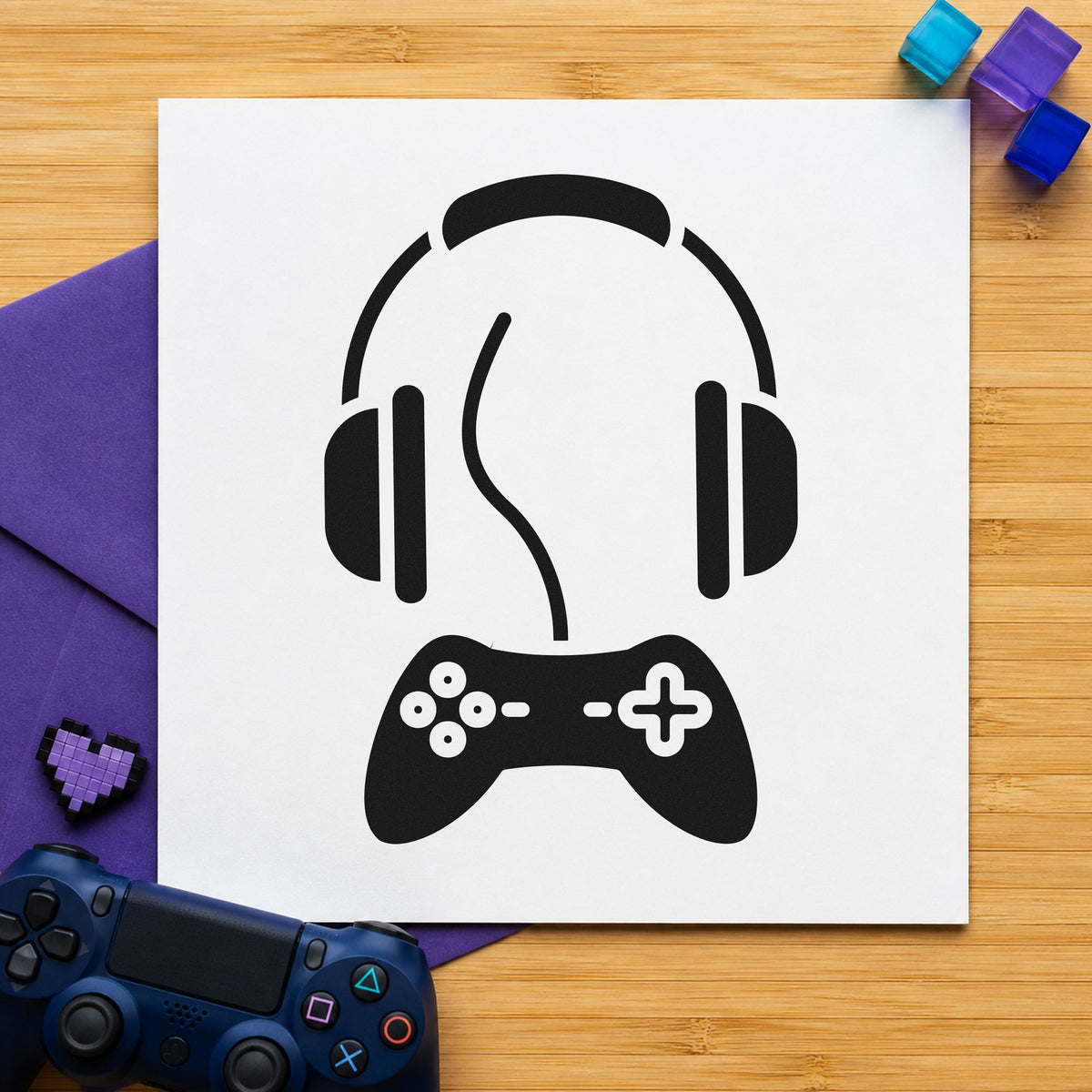Headphones Above Wired Controller rubber stamp printed in black ink, ready for loose cord cards and similar paper crafts.