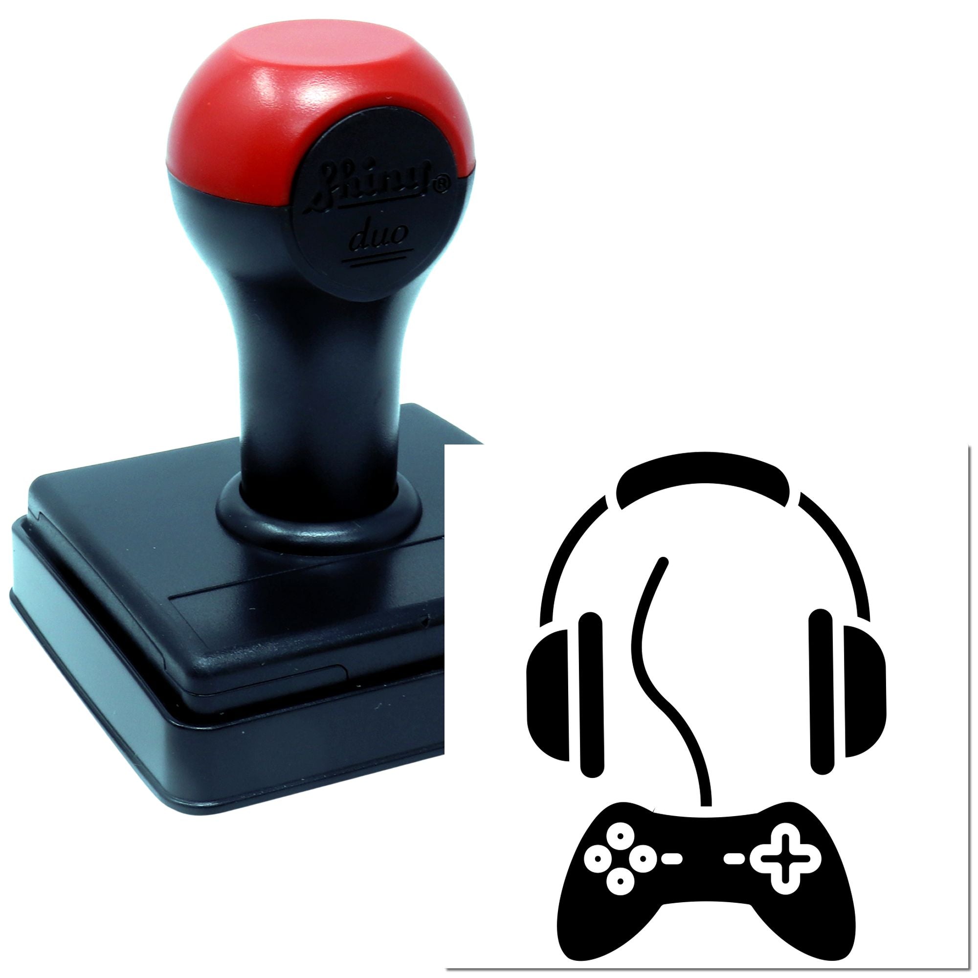 Custom self-inking rubber stamp with gaming headset and controller logo, ideal for personalized branding and business use.