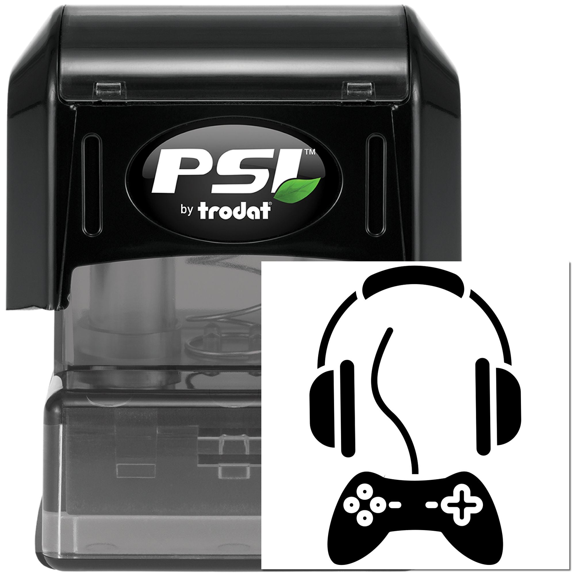 PSI by Trodat self-inking rubber stamp featuring a gaming headset and controller icon for esports or gamer branding.