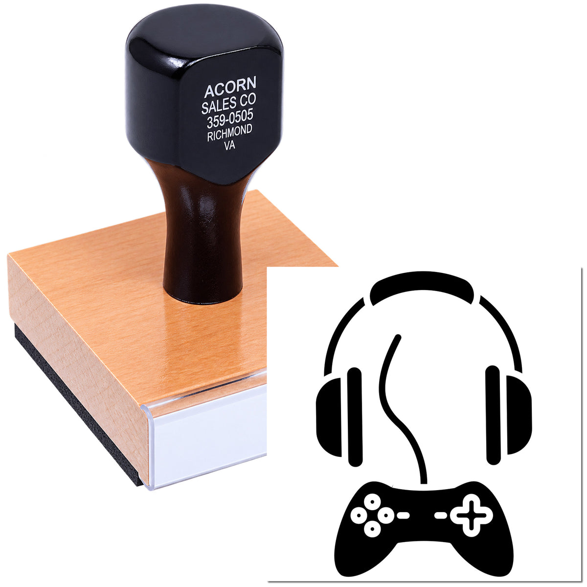 Custom rubber stamp with business contact imprint, ideal for branding envelopes, packaging and office documents.
