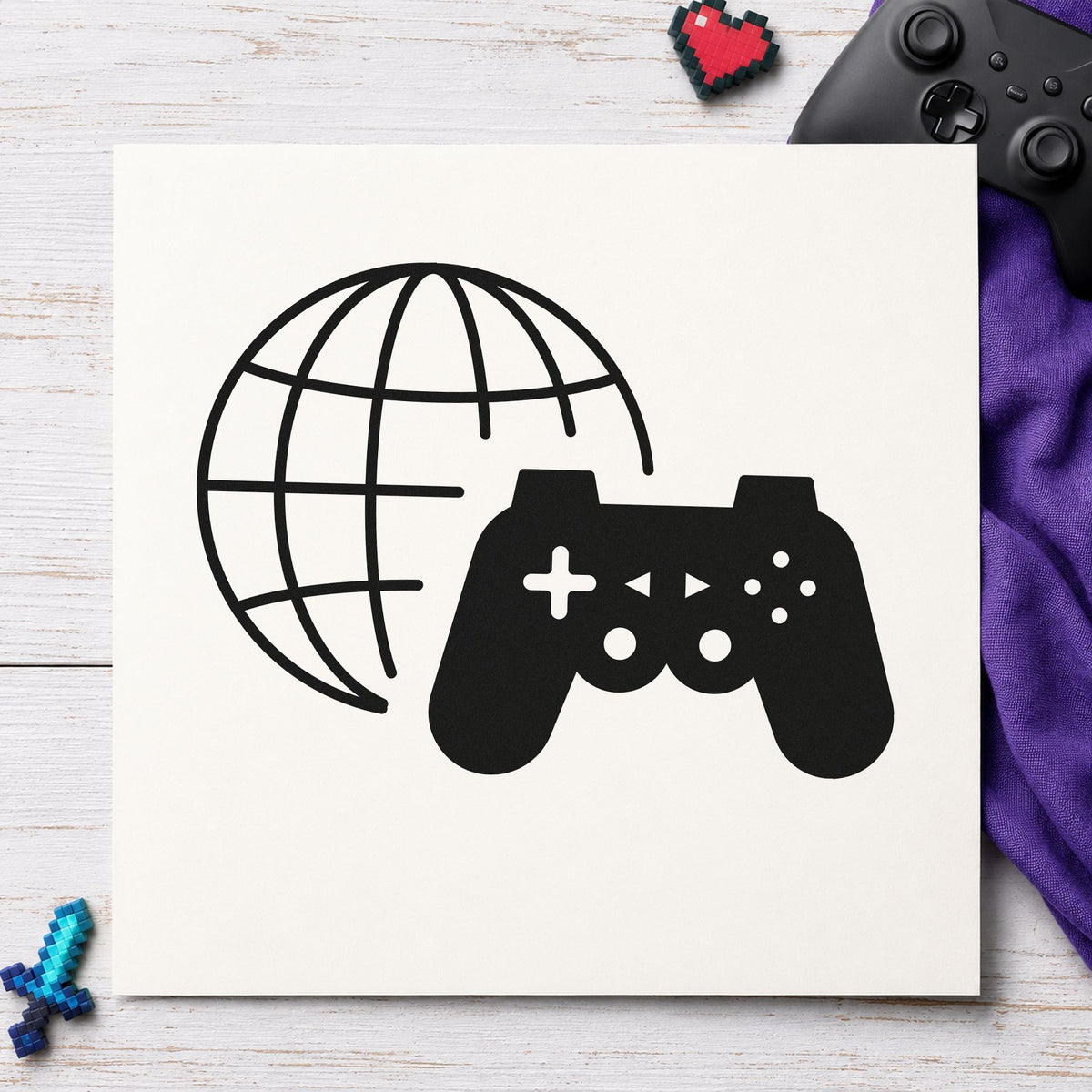 Online Gaming Globe Controller craft stamp in black ink on cardstock, an easy option for watch party album page.